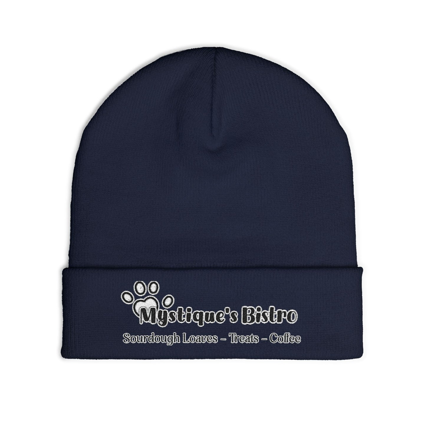 Mystique's Bistro Embroidered Knit Beanie - Paw Logo, Coffee & Treats Cafe Hat