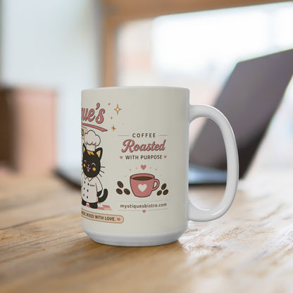 Mystique's Bistro Bakery & Coffee Cats 15oz Mug | Golden Bakes & Bold Roasts