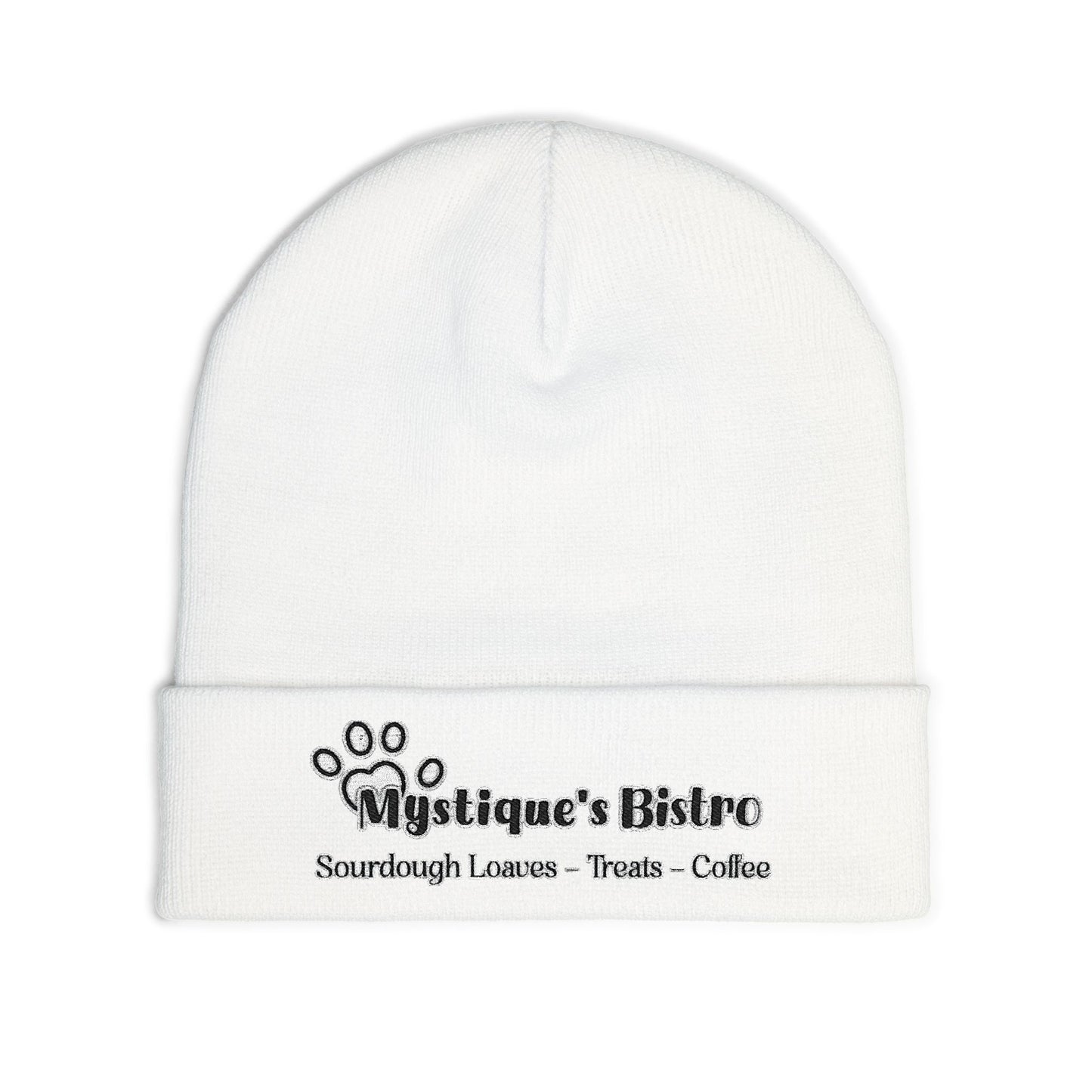 Mystique's Bistro Embroidered Knit Beanie - Paw Logo, Coffee & Treats Cafe Hat