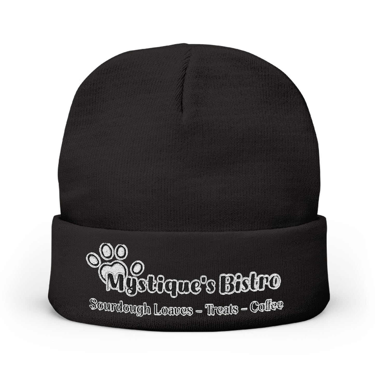 Mystique's Bistro Embroidered Knit Beanie - Paw Logo, Coffee & Treats Cafe Hat