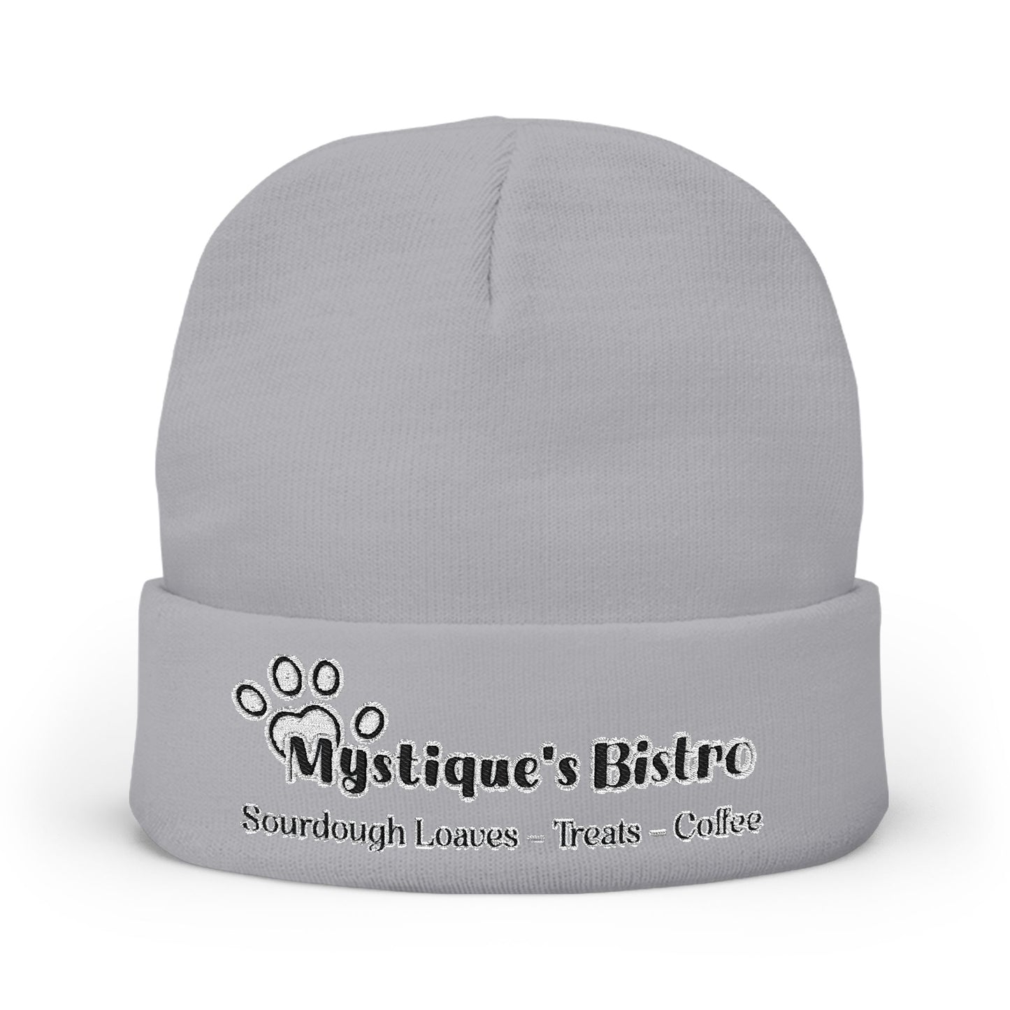 Mystique's Bistro Embroidered Knit Beanie - Paw Logo, Coffee & Treats Cafe Hat