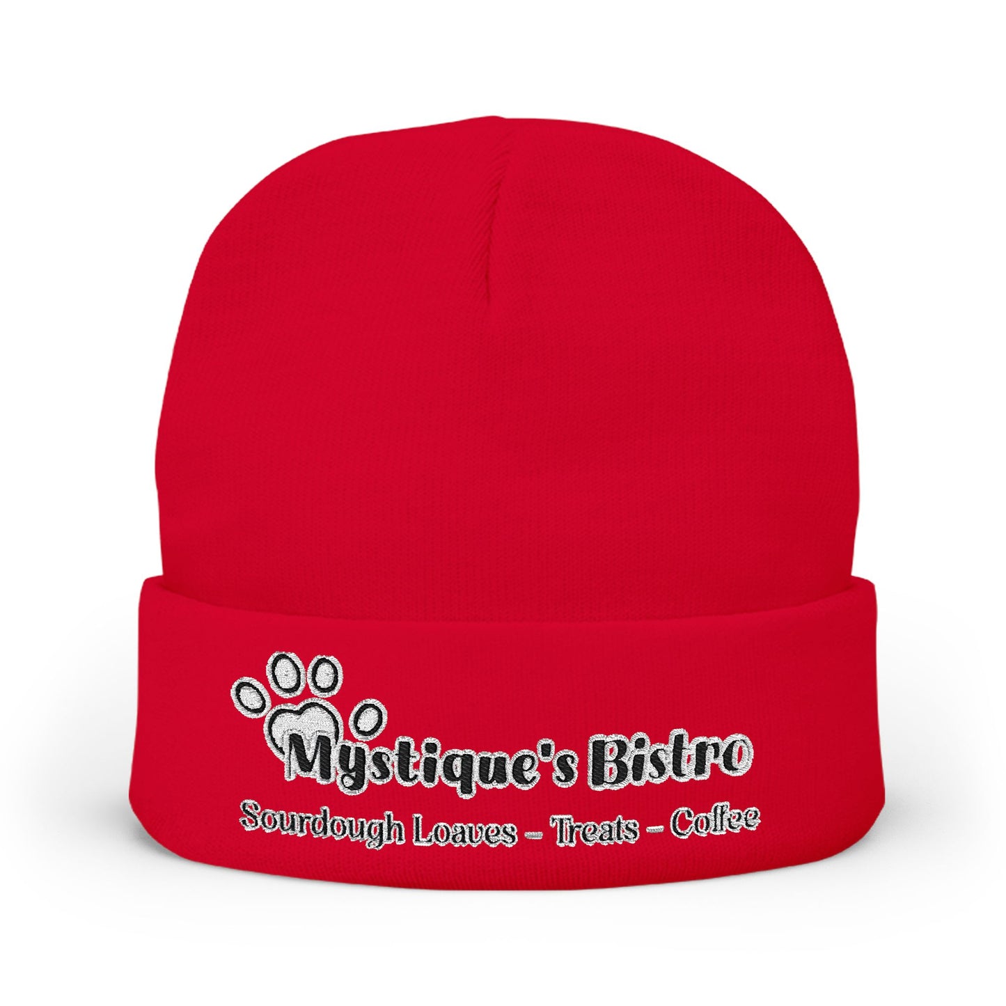 Mystique's Bistro Embroidered Knit Beanie - Paw Logo, Coffee & Treats Cafe Hat