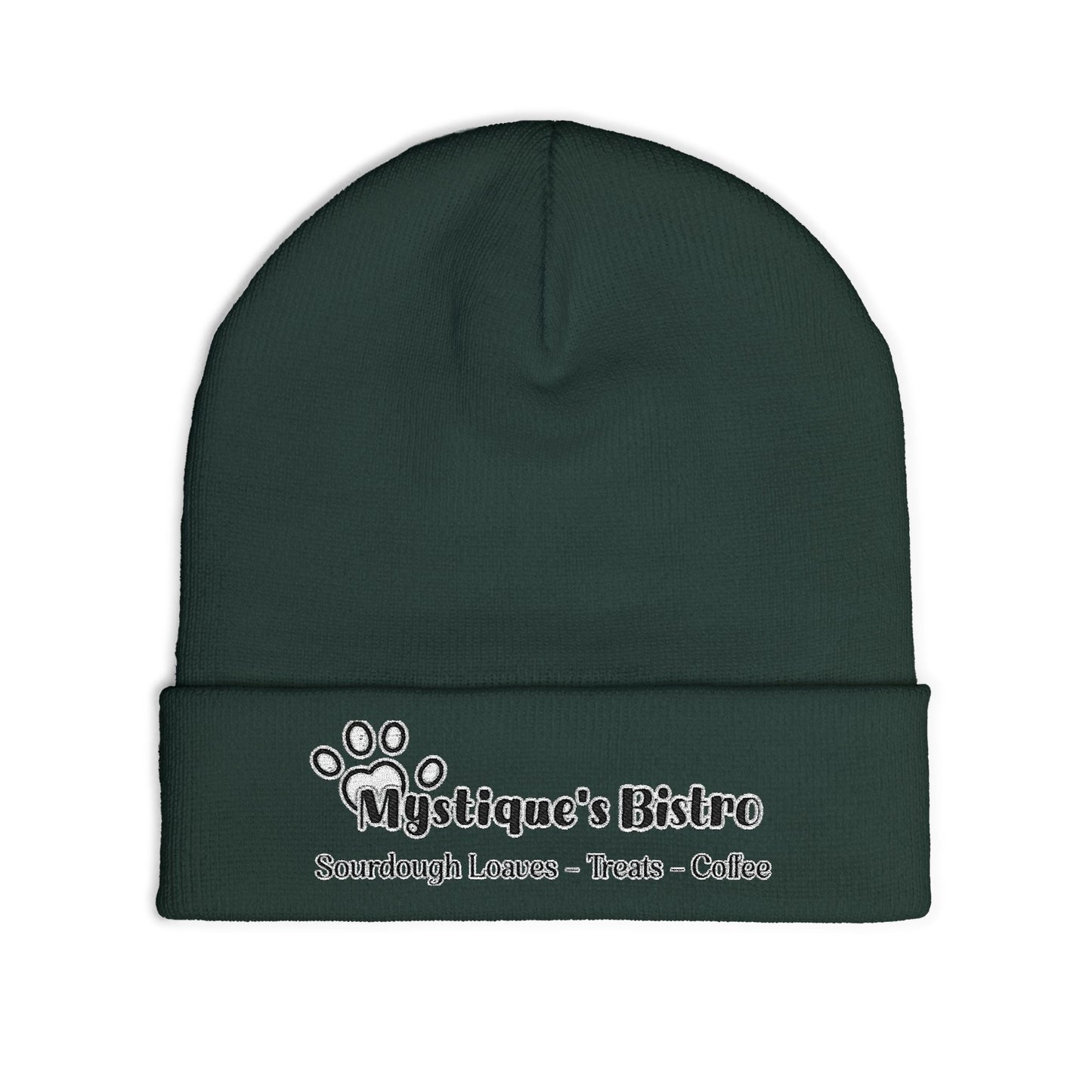 Mystique's Bistro Embroidered Knit Beanie - Paw Logo, Coffee & Treats Cafe Hat
