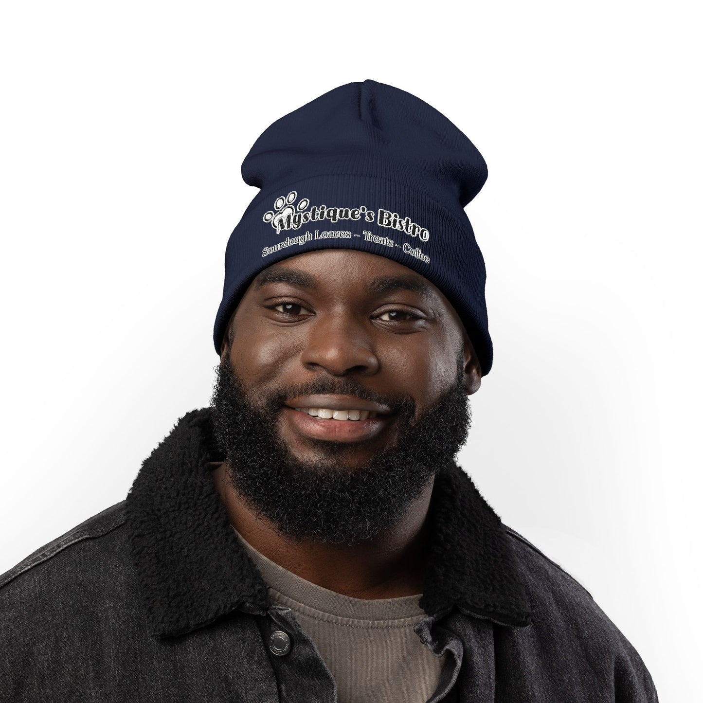 Mystique's Bistro Embroidered Knit Beanie - Paw Logo, Coffee & Treats Cafe Hat