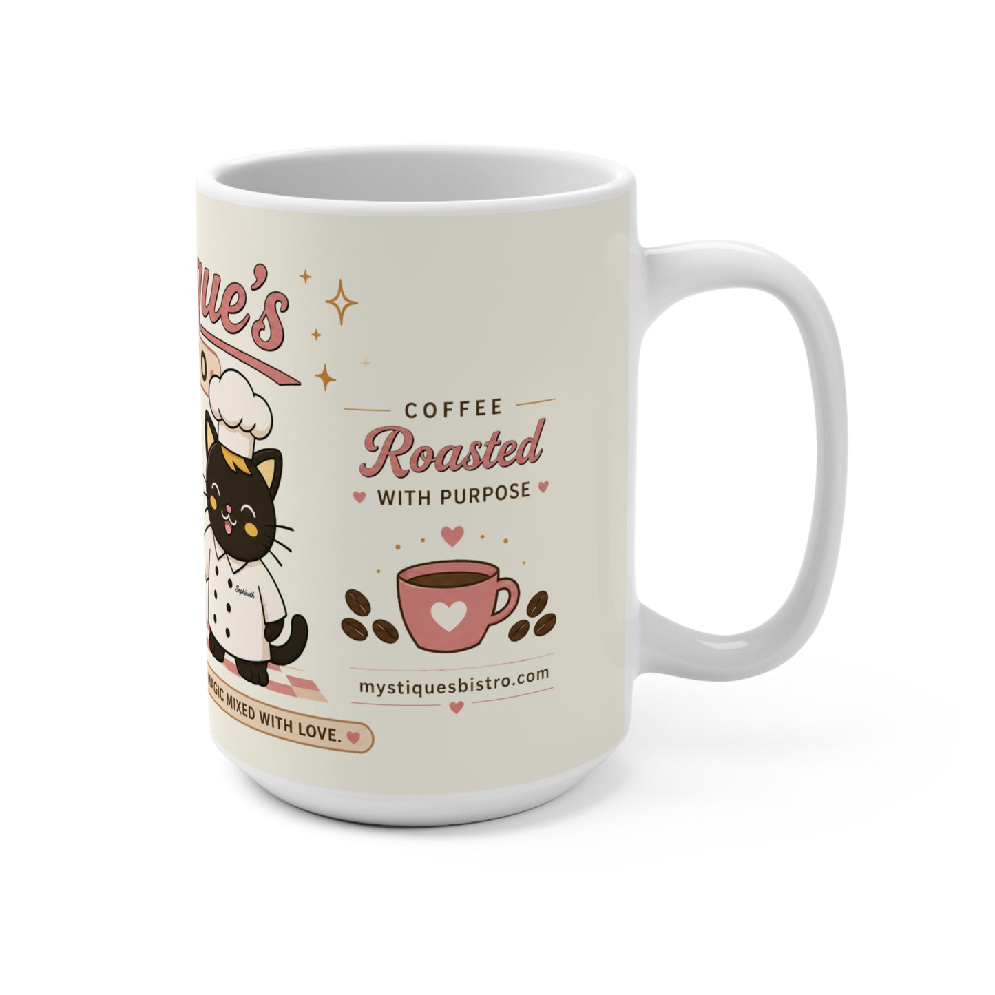 Mystique's Bistro Bakery & Coffee Cats 15oz Mug | Golden Bakes & Bold Roasts