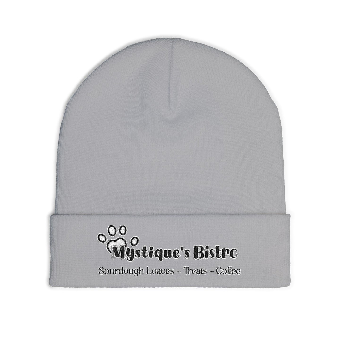 Mystique's Bistro Embroidered Knit Beanie - Paw Logo, Coffee & Treats Cafe Hat