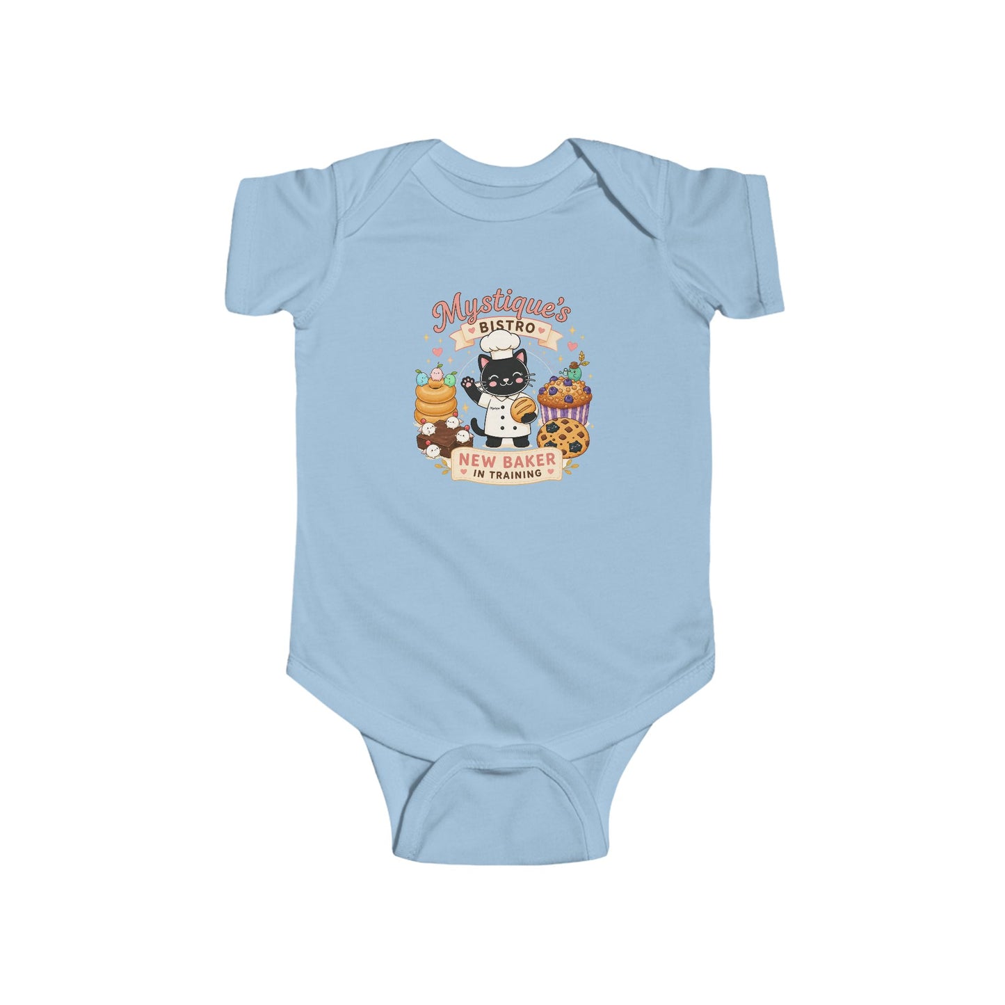 Mystique's Bistro New Baker In Training Baby Bodysuit | Cute Bakery Cat Infant Outfit