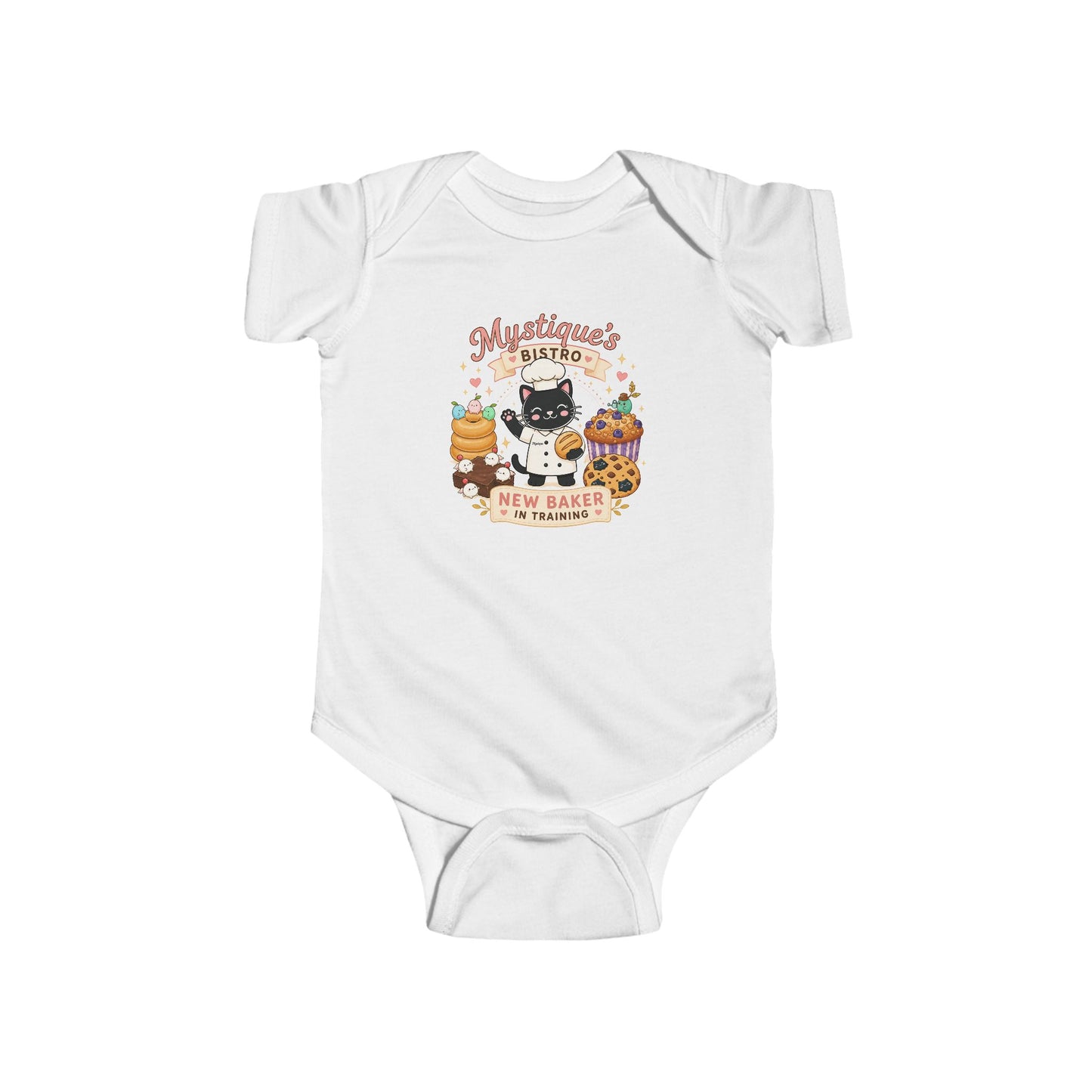 Mystique's Bistro New Baker In Training Baby Bodysuit | Cute Bakery Cat Infant Outfit