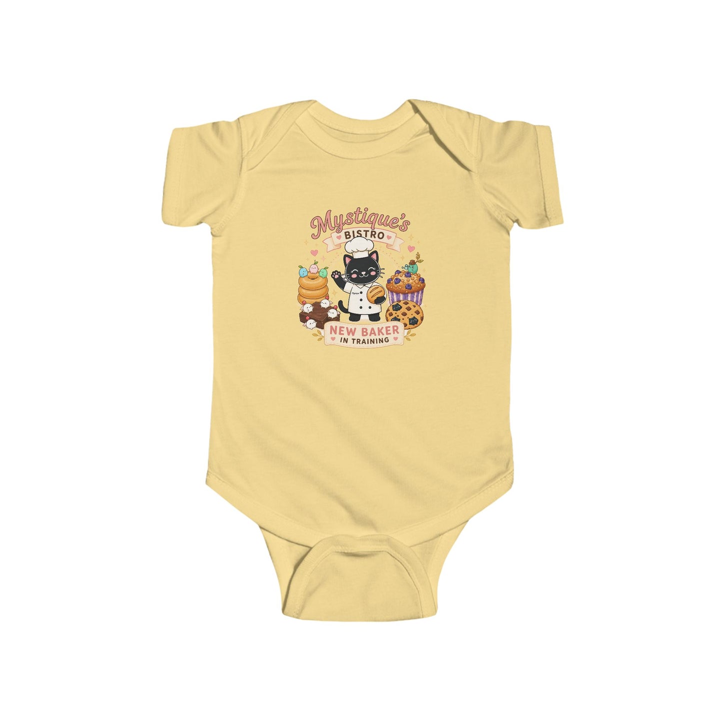 Mystique's Bistro New Baker In Training Baby Bodysuit | Cute Bakery Cat Infant Outfit