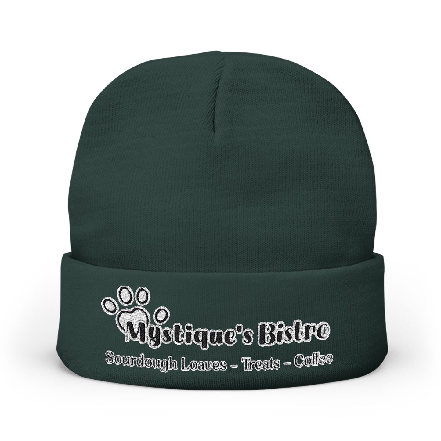 Mystique's Bistro Embroidered Knit Beanie - Paw Logo, Coffee & Treats Cafe Hat
