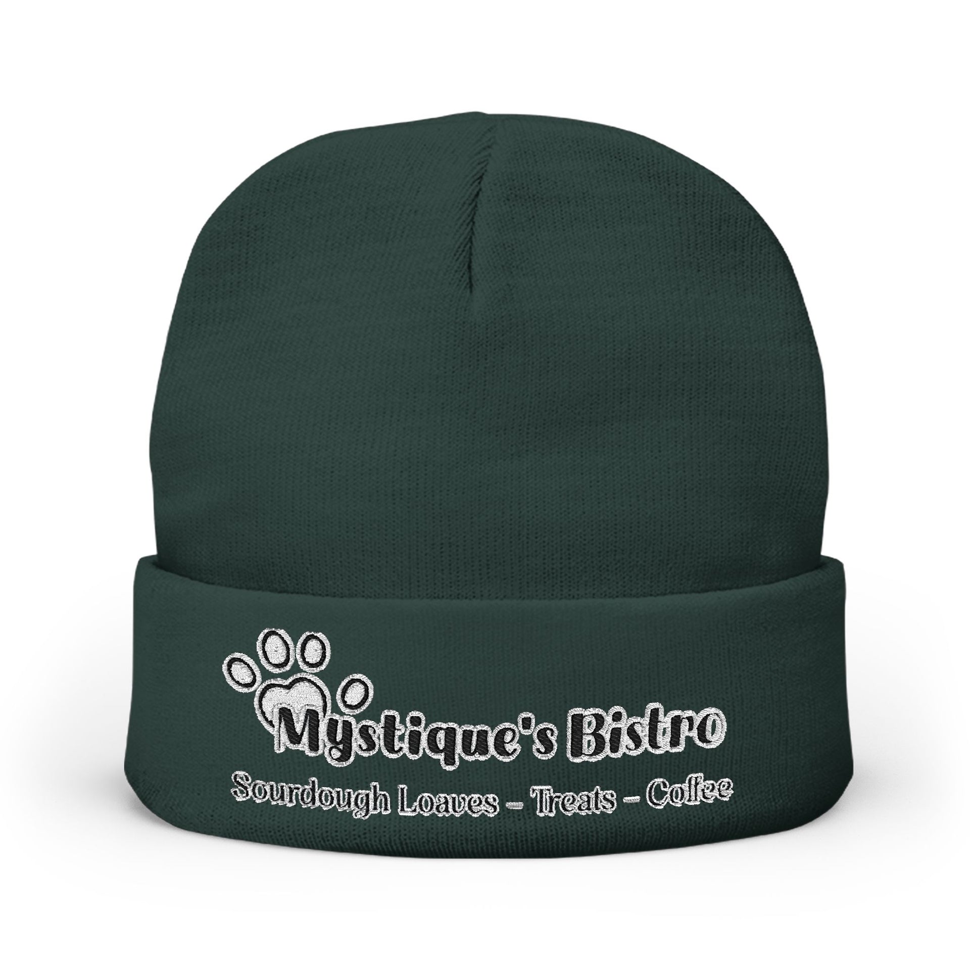 Mystique's Bistro Embroidered Knit Beanie - Paw Logo, Coffee & Treats Cafe Hat