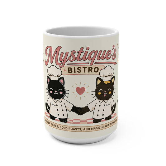 Mystique's Bistro Bakery & Coffee Cats 15oz Mug | Golden Bakes & Bold Roasts