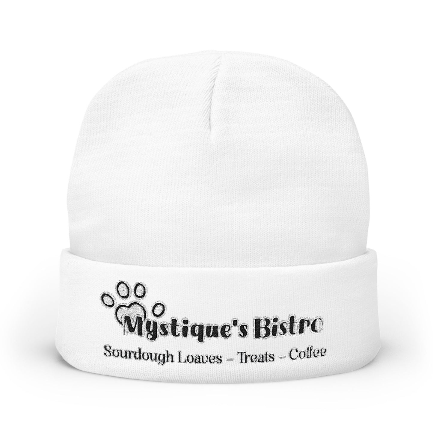 Mystique's Bistro Embroidered Knit Beanie - Paw Logo, Coffee & Treats Cafe Hat