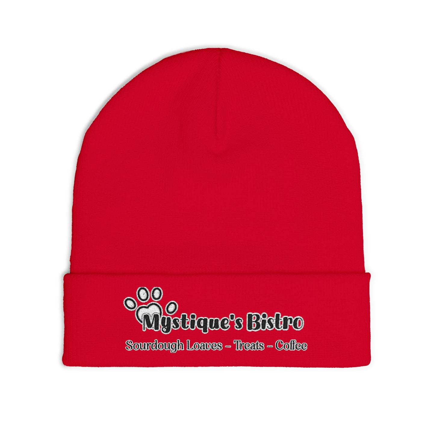 Mystique's Bistro Embroidered Knit Beanie - Paw Logo, Coffee & Treats Cafe Hat