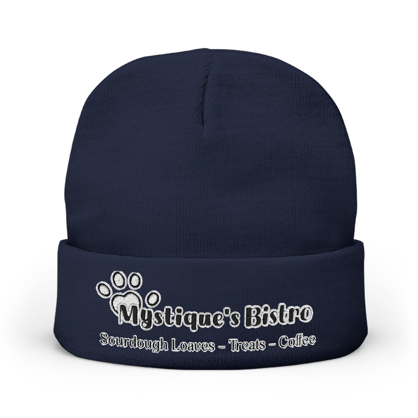 Mystique's Bistro Embroidered Knit Beanie - Paw Logo, Coffee & Treats Cafe Hat