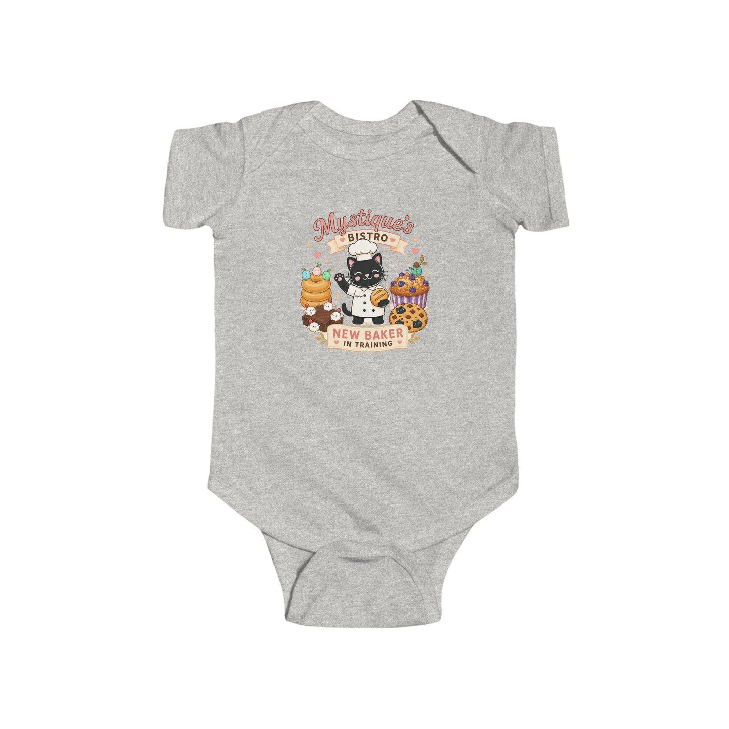 Mystique's Bistro New Baker In Training Baby Bodysuit | Cute Bakery Cat Infant Outfit