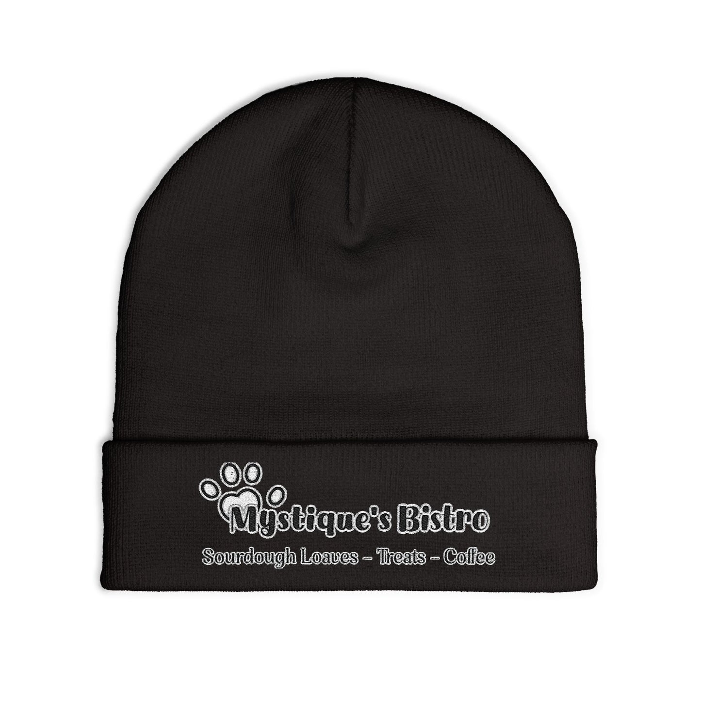Mystique's Bistro Embroidered Knit Beanie - Paw Logo, Coffee & Treats Cafe Hat